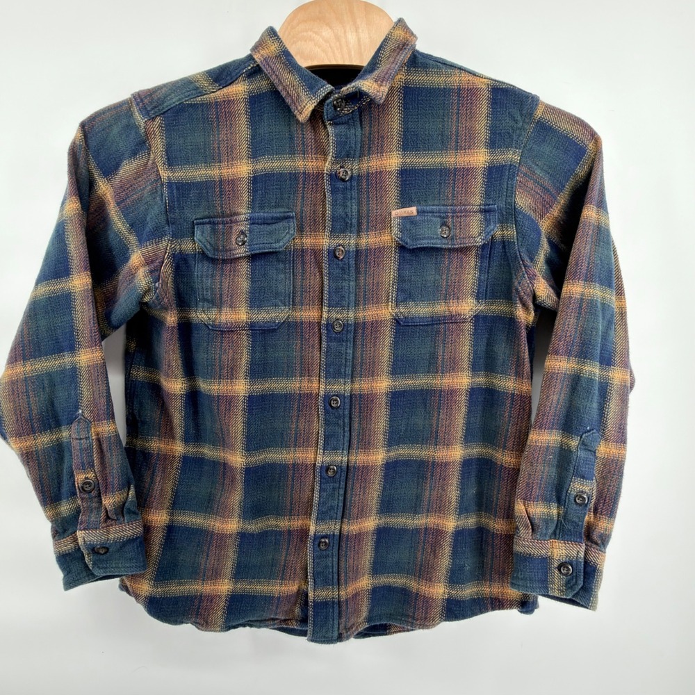 Orvis Flannel Button Front Mens Large Blue Green Orange Yellow Plaid Shirt